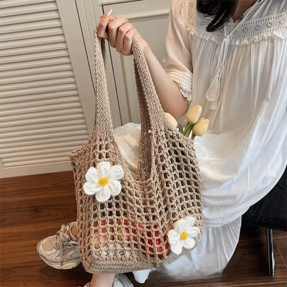 Retro Flower Knitted Tote Bag Large Capacity Woolen Crochet Handbag Eco-Friendly Lightweight Hollow Shoulder Bag Summer