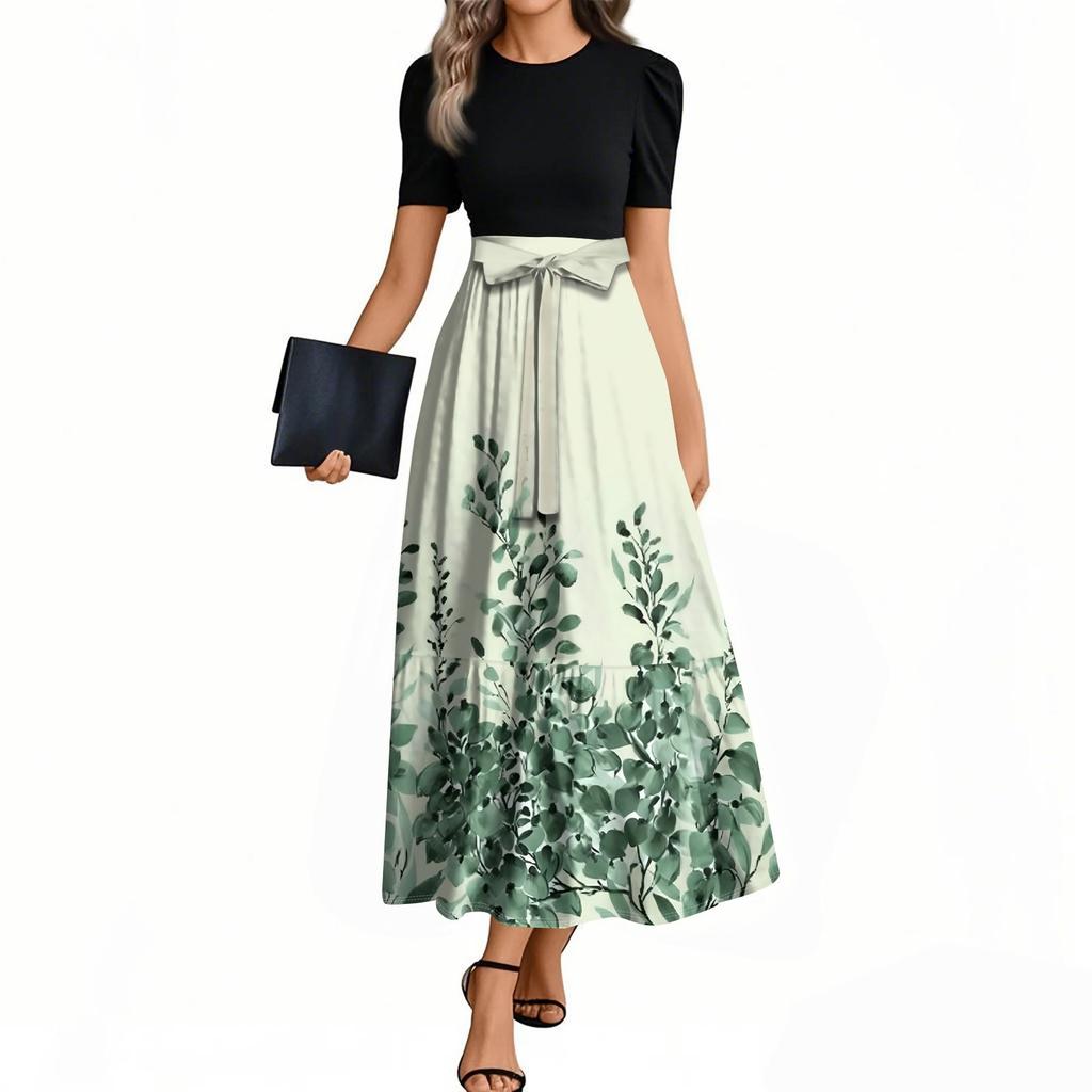Women's Fashion Casual Belted Short Sleeve Round Neck Geometric Splicing Elegant Temperament Dresses