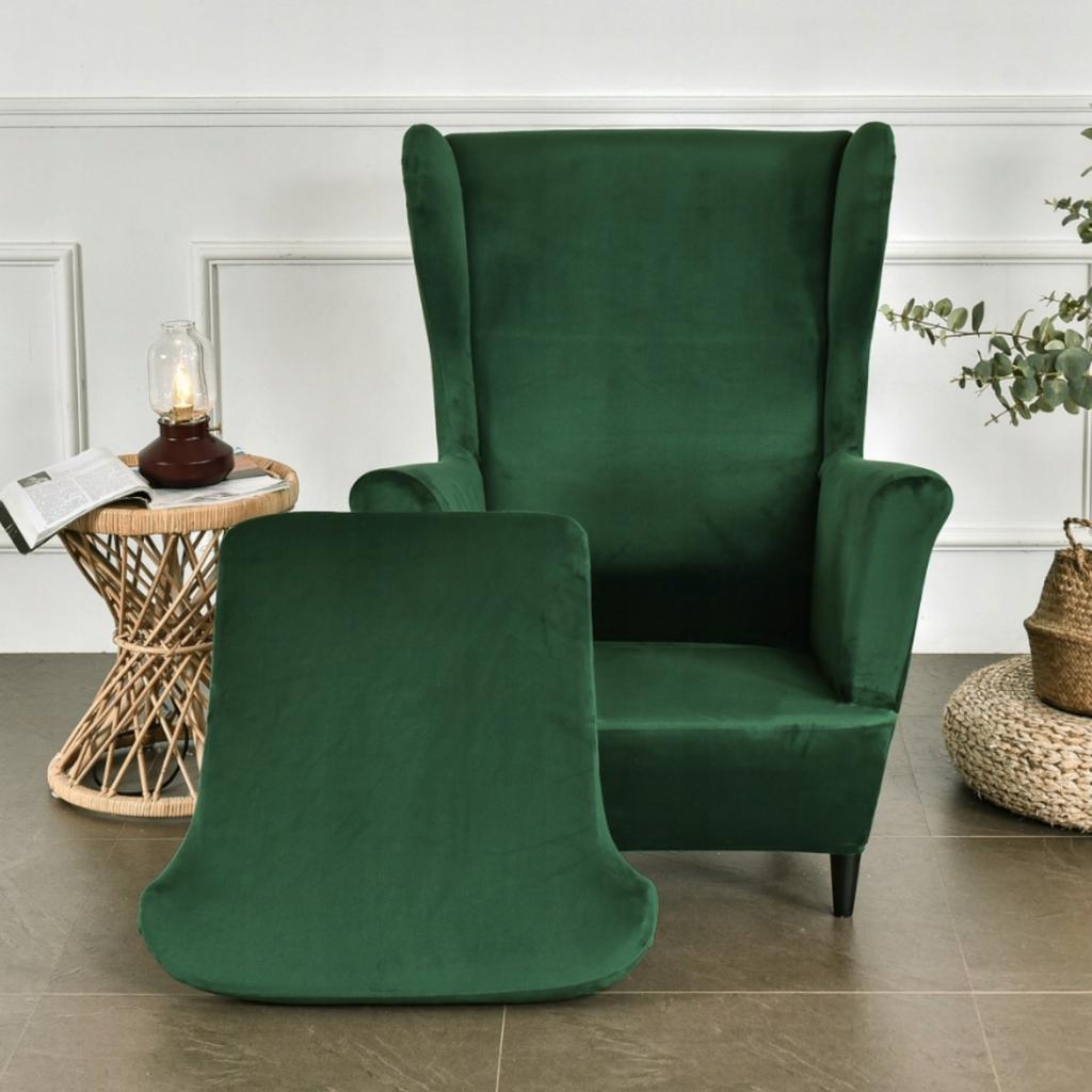 Wingback Chair Cover, Elastic Velvet, XL, Green, Universal Seat