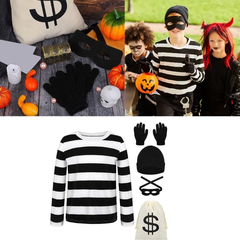 5Pieces Cosplay Halloween Costume Set,Robber Costume Halloween Cosplay Burglar Accessories Thief Costume for Adults