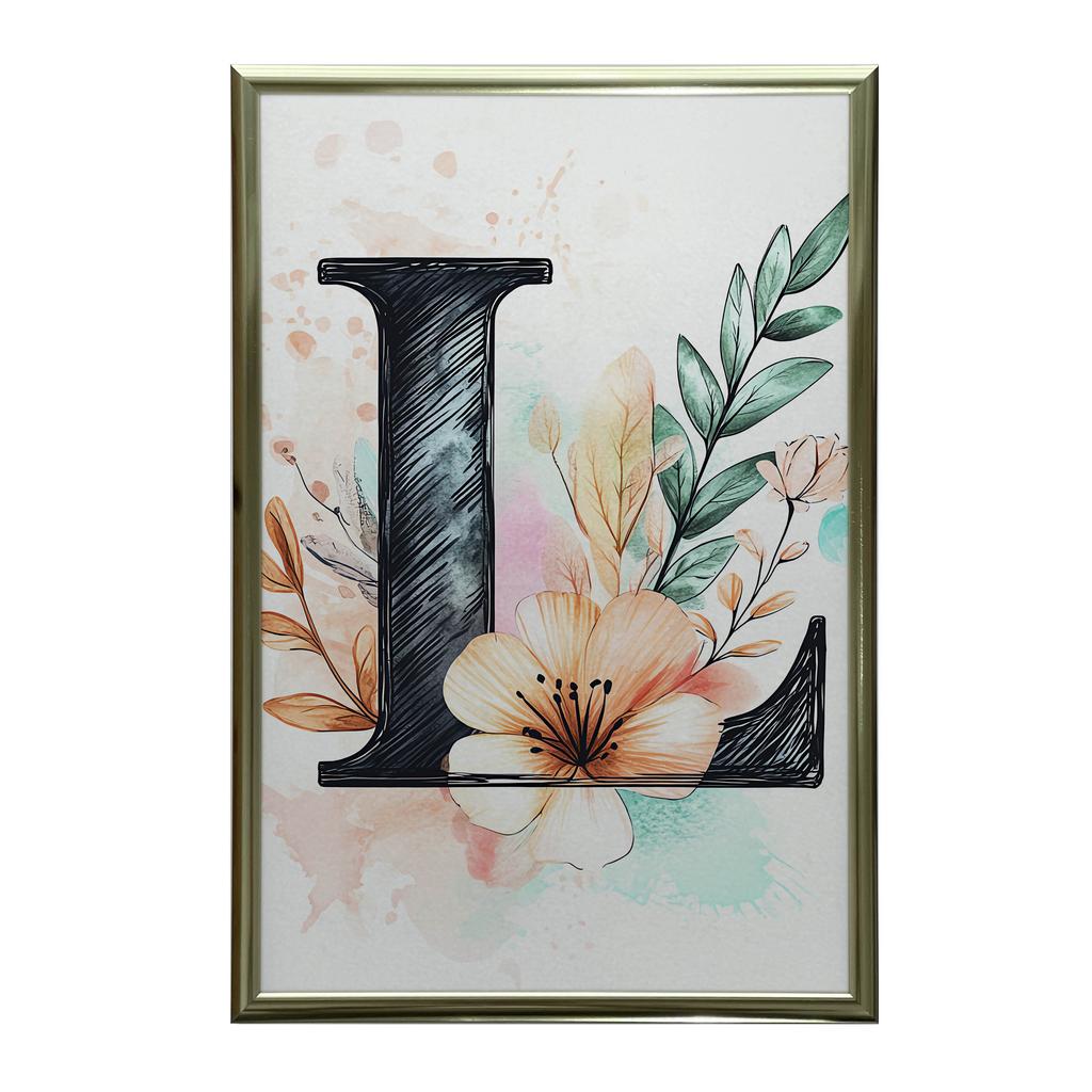 Plakat Litera "L" W Kwiatowej Kompozycji Plakat Litera "L" W Kwiatowej Kompozycji, 30X40 Cm, Rama Drewniana Ciemny Brąz, Papier Matowy 230 Gsm