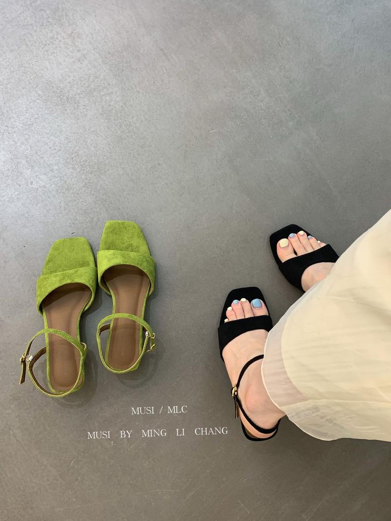 Sandals Wedge Heel Square Toe SuedeOne-Strap Slippers Women'sSummer Outdoor Wear Resort Style Simple Women's