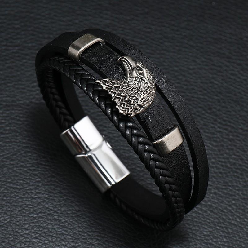 European and American Retro Style Eagle Alloy Magnetic Buckle Multi-layer Hand-woven Men's Leather Bracelet