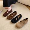 2025 New Retro Women's Shoes Flat Heel Shallow Mouth One-word Buckle Single Shoes Square Head Suede Flat Bottom Women's Shoes