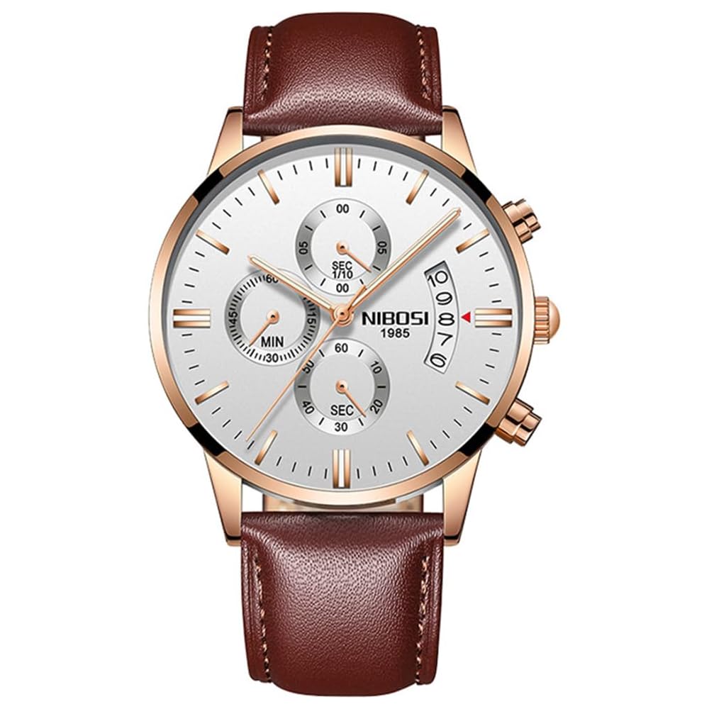 NIBOSI Men s Chronograph Watch Brown Leather Band Waterproof Analog Business Casual Big Face