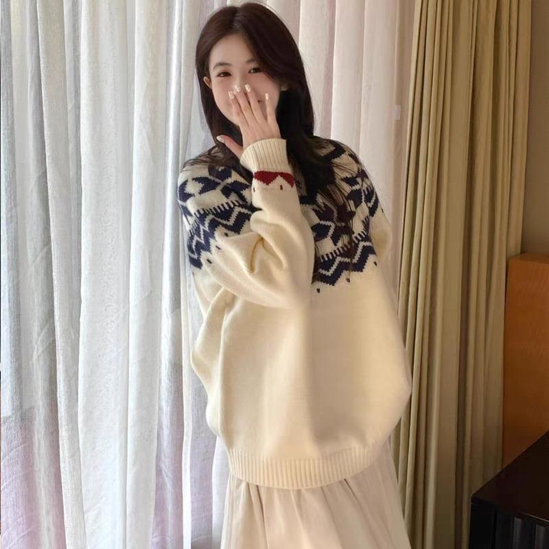 Autumn/winter Korean O-neck Casual Loose Pullover Printed Sweater Women Sweet Long Sleeved Office Knitted Top Office Retro Simple Sweaters