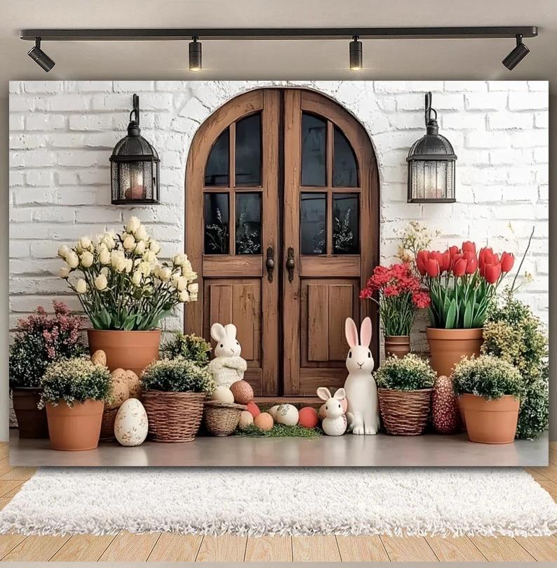 Easter white brick wall flower rabbit Easter egg shooting Backdrop spring flower wall children's birthday party banner Backdrop