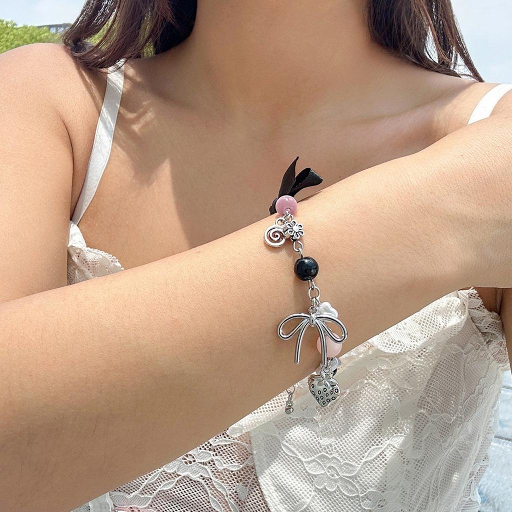 Faux Pearls Beaded Bracelet with Bowknot Pendant Butterfly Knot Charm Wristchain Adjustable Length Handchain Ornament