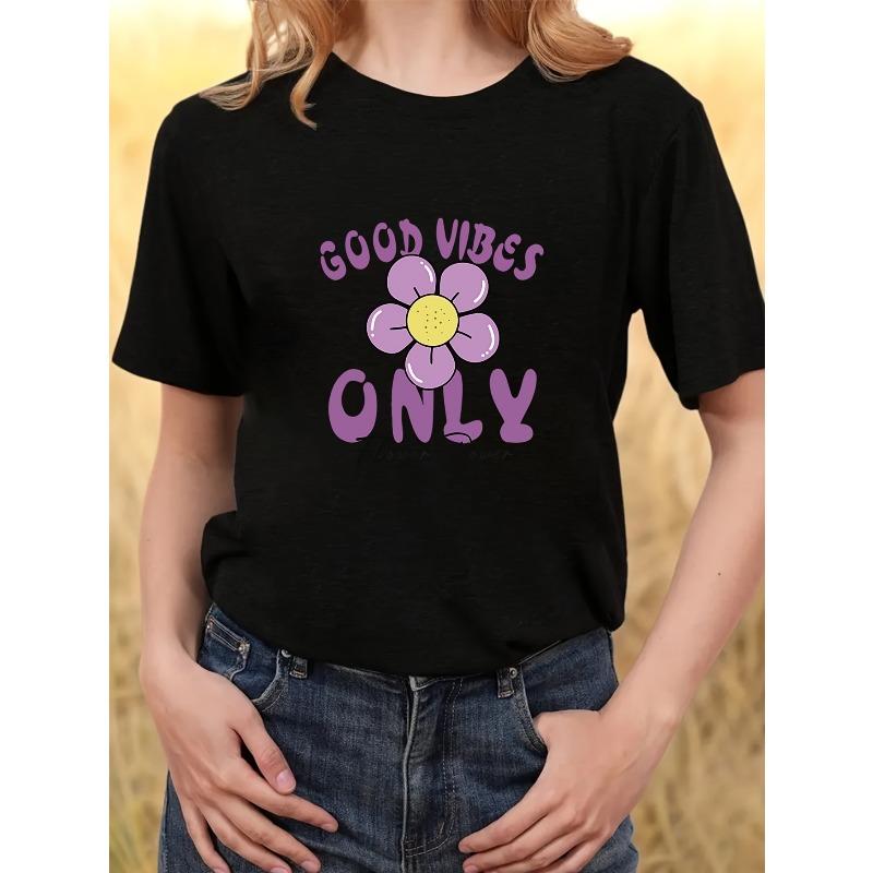 GoodVibesOnly Printed Short Sleeve T-Shirt Women s Trendy S чёрный