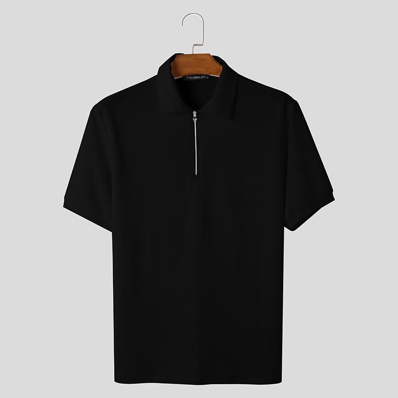 

INCERUN Summer Men Zip-up Lapel Neck Short Sleeve Texture Casual T-shirts Tops XL чёрный