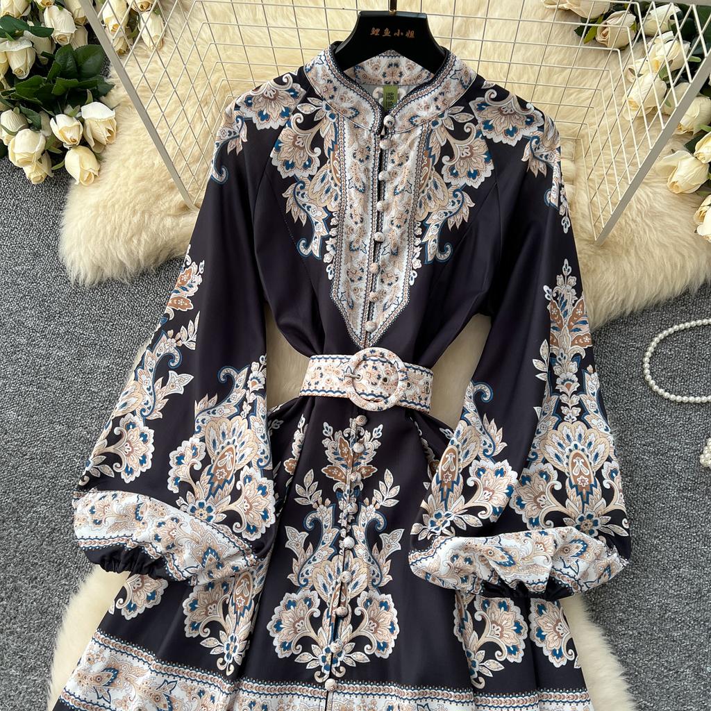 Frühling Herbst Frauen Große Größe Vintage Print Einreiher Lange Maxi Urlaub Party Kleider mit Gürtel