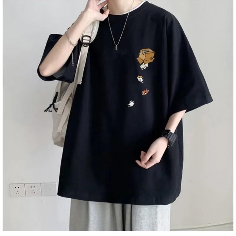 M-5XL Summer Men Oversized Korean Loose Vintage Print Short Sleeve Versatile T-shirt
