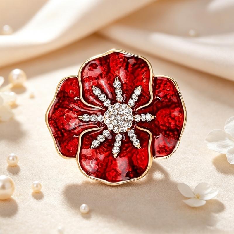 Flower Brooch Pin with Red Enamel-Style Floral Design and Clear Stone Center, Alloy Lapel Accessory for Coats, Scarves, Bags and Commemorative Wear
