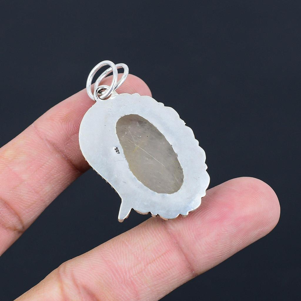 Oval Gyllene Rutil Ädelsten Bröllop Trendig Födelsedag Infattning Ny Hänge 925 Silver