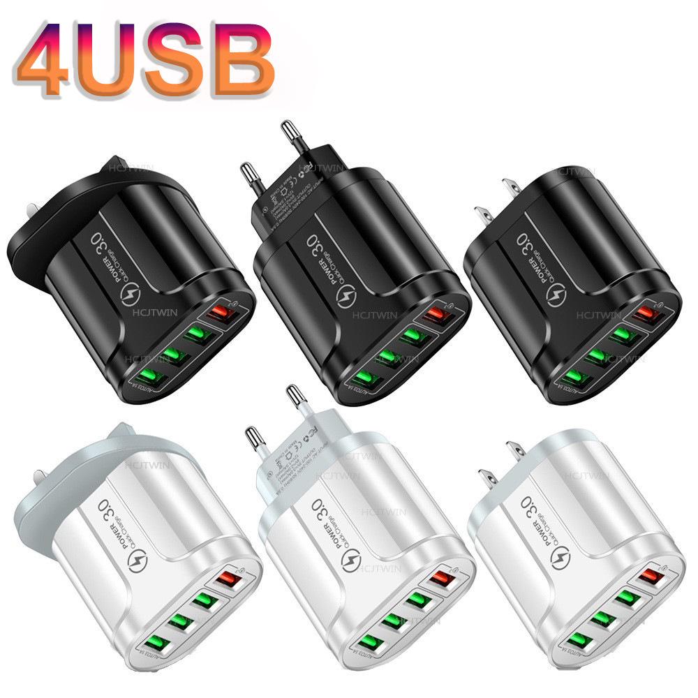 QC3.0 4-Port USB Fast Charger with Luminous Indicator for Mobile Devices - US/EU/UK Adapter