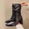 High Heels Women High Boots Elegant Chunky Leather Shoes Sexy Designer Mid Calf Chelsea Boots Fashion New Winter