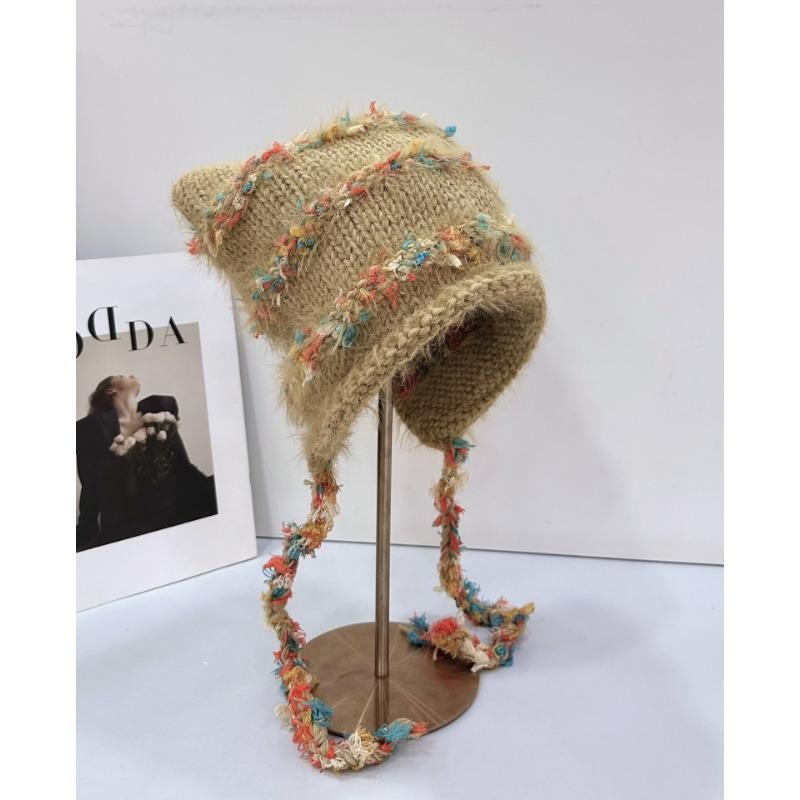 25 Early autumn new colored lace-up ear protectors to keep warm cat ears personalized thickened color matching knitted fluffy hat