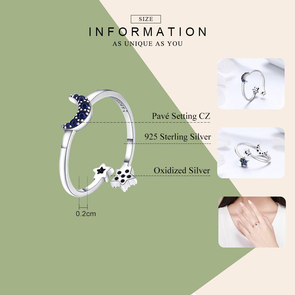 Bamoer Ekte 925 Sterling Sølv Glitrende Blå Måne Stjerne Klar CZ Fingerringer for Kvinner Bryllup