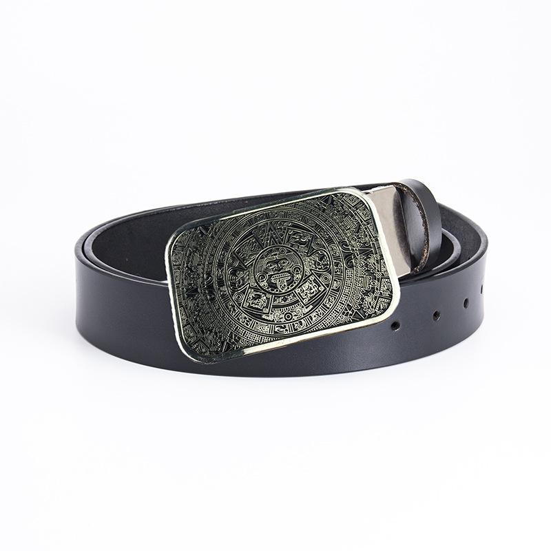 Glossy Whole Cowhide Belt, Zinc Alloy Ancient Tin Aztec Calendar Belt, Retro Large Size Pure Leather Belt.