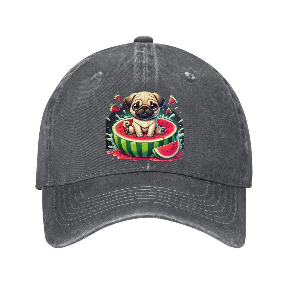 Pug Eating Watermelon Graphic Baseball Cap Cotton Casual Adjustable Sun Protection Unisex Hat