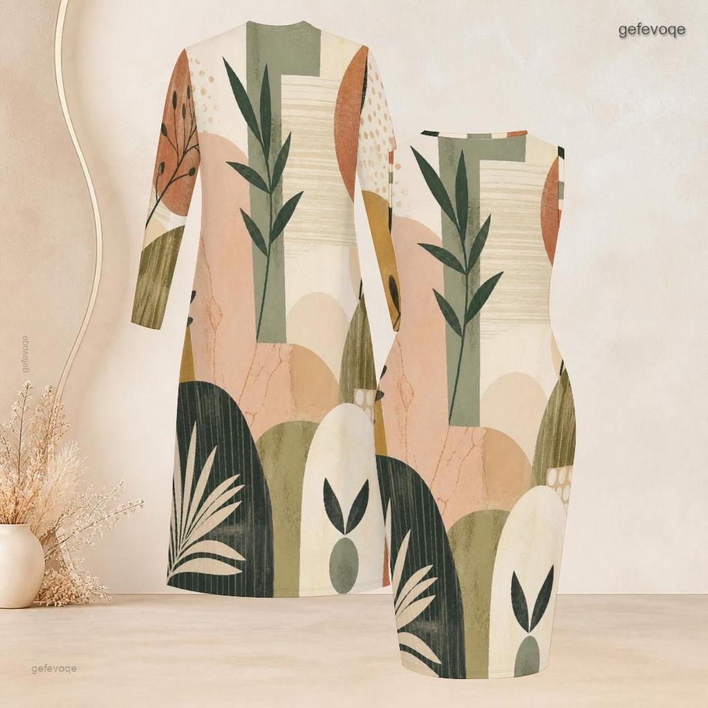 Women Plus Size Abstract Leaf Printed Long Sleeve Open Front Cardigan Sleeveless Bodycon Dress Two Piece Set