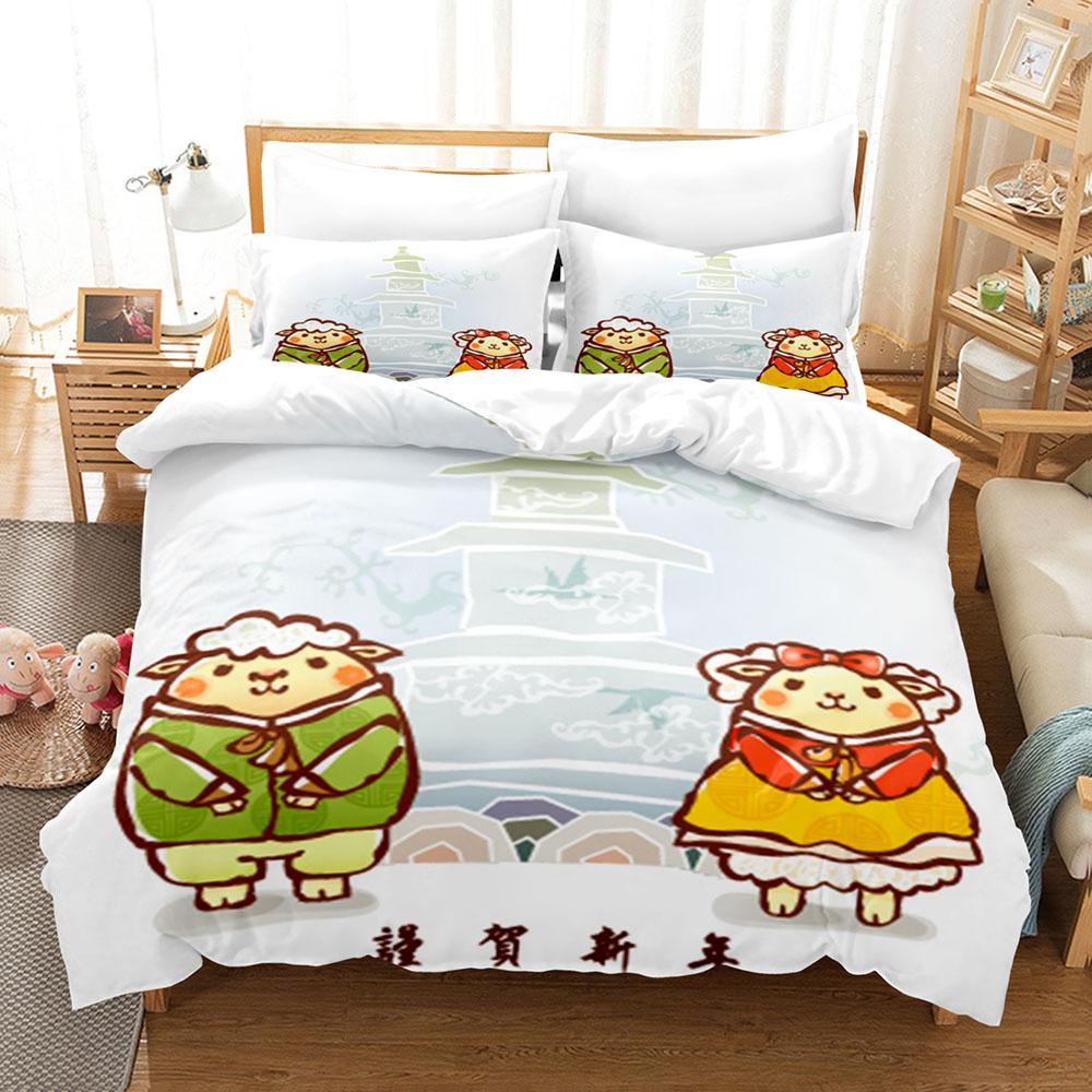 Cartoon Sheep Duvet Cover Set Cute White Sheep Flowers Pattern King Queen Full Size for Kids Boy Girl Gift Polyester Bedding Set