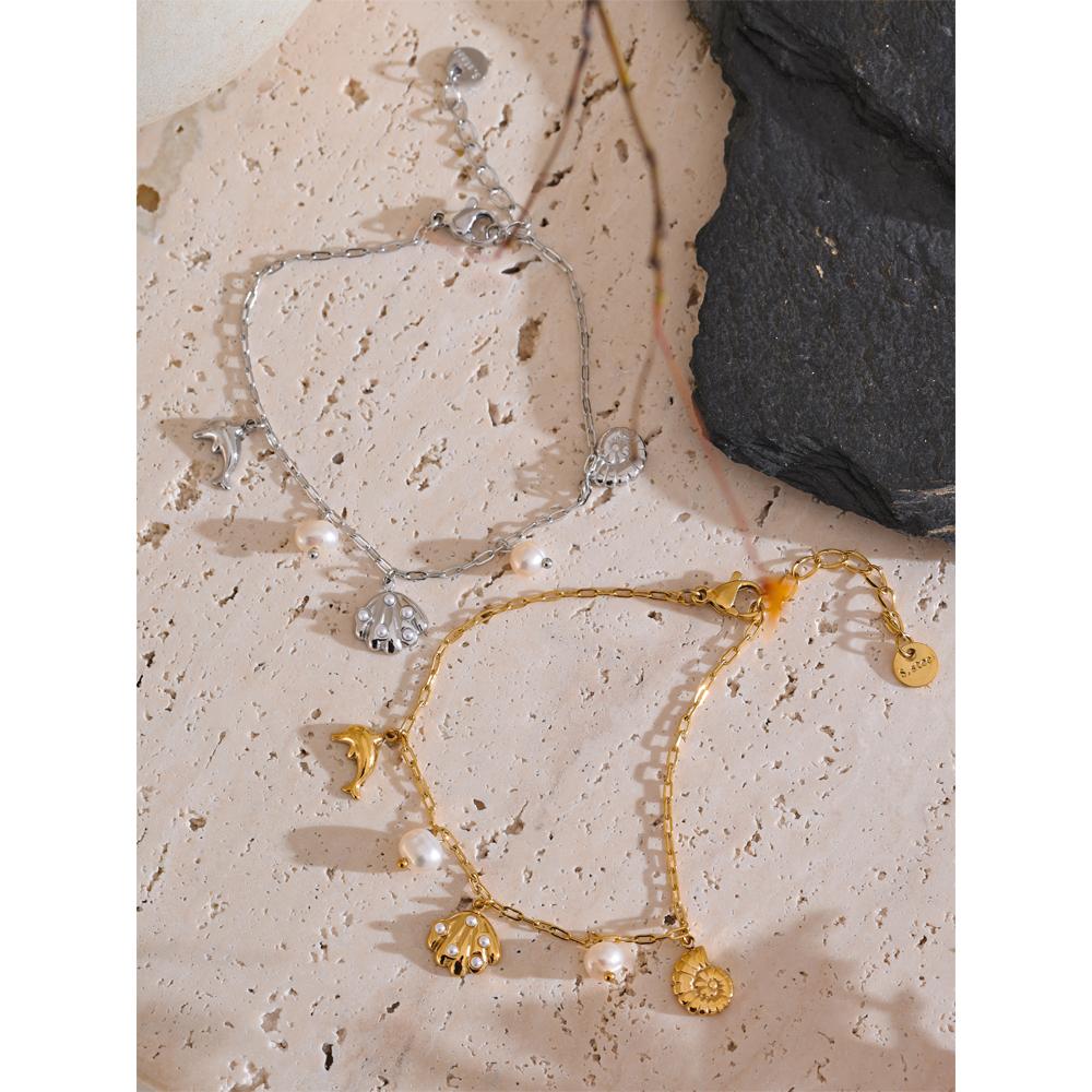 Yhpup Ocean Style Stainless Steel Natural Pearl Shell Drop Chic Bracelet Bangle Gold & Platinum Plated Charm Wrist Jewelry Gift