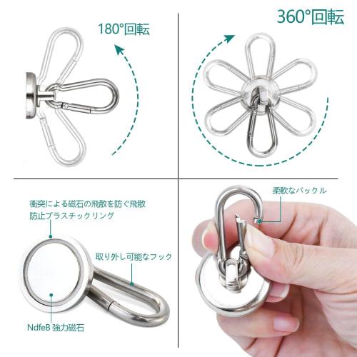 Set of 4 Super Strong Carabiner Hooks, 36mm Diameter, 360-Degree Rotating, Neodymium Magnets, Rust-Resistant, Super Strong Magnets for Kitchen, Wall M
