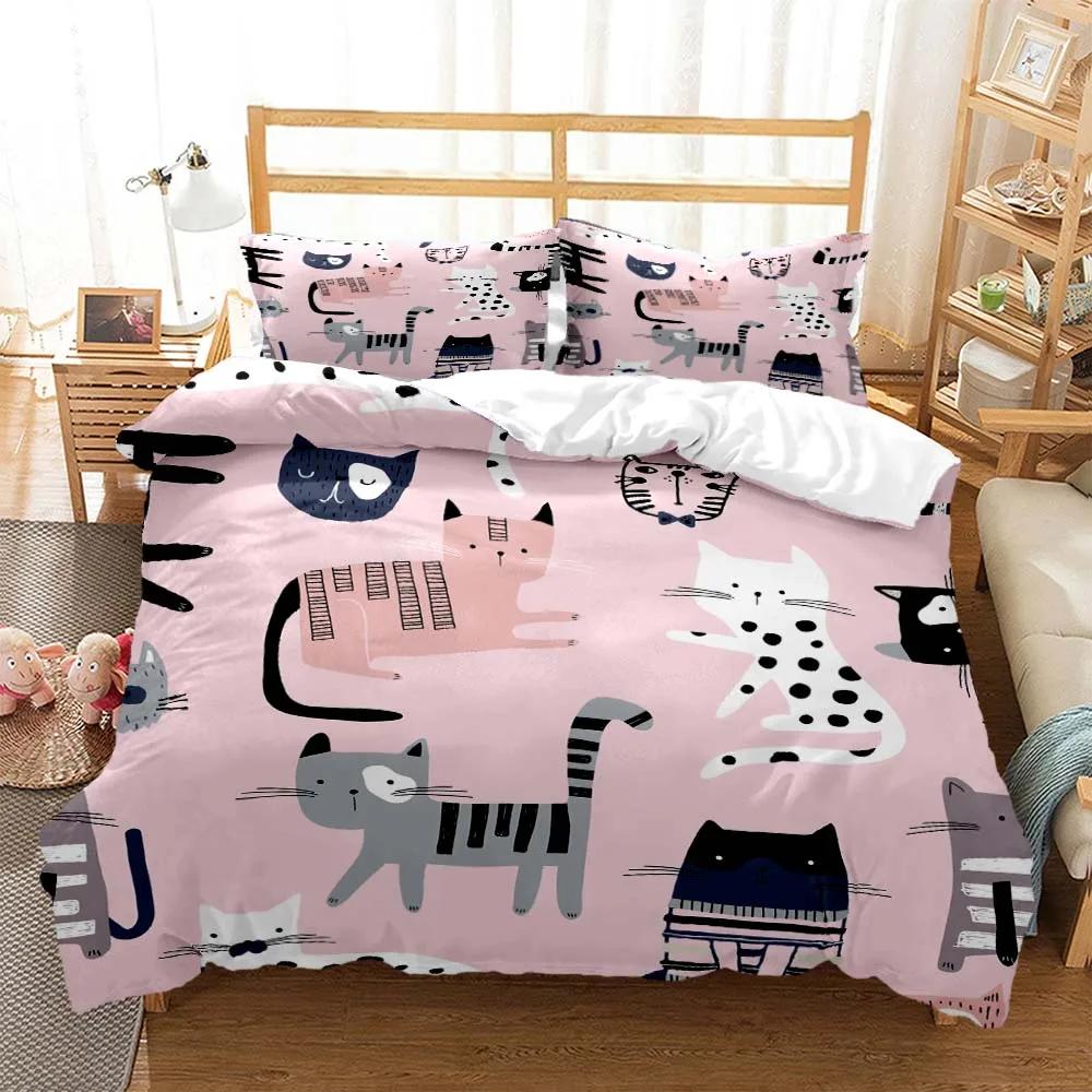 Cute Cat Print Quilt Cover Pillow Cover Bedding Set Luxury Queen Bedding Set Cute Style Customized Boys Bedding Set