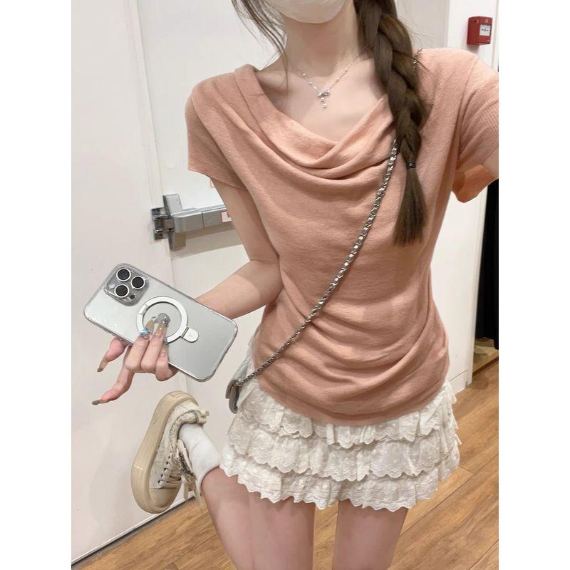 Kumikumi Gentle Wind Solid Swing Collar Knitted Short sleeve T-shirt Women Summer French style Age-Reducing Waist Hugging Slimming Top