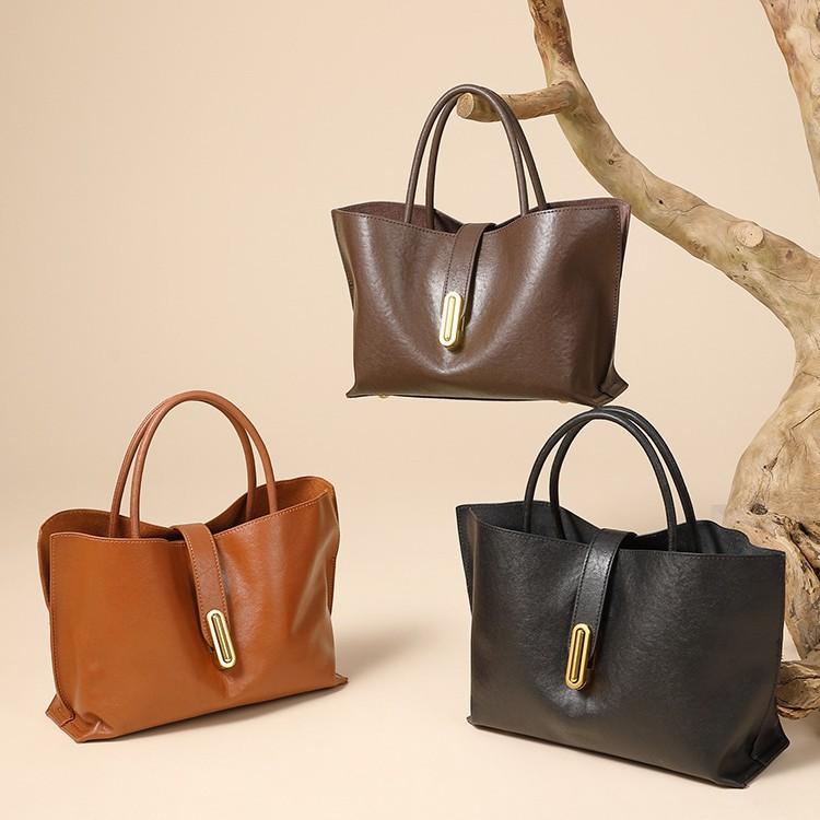 Top Layer Vegetable Tanned Leather Handbag Versatile Tote Women's Bag Single Shoulder Crossbody Commuter Bag New Genuine Leather Bucket Bag
