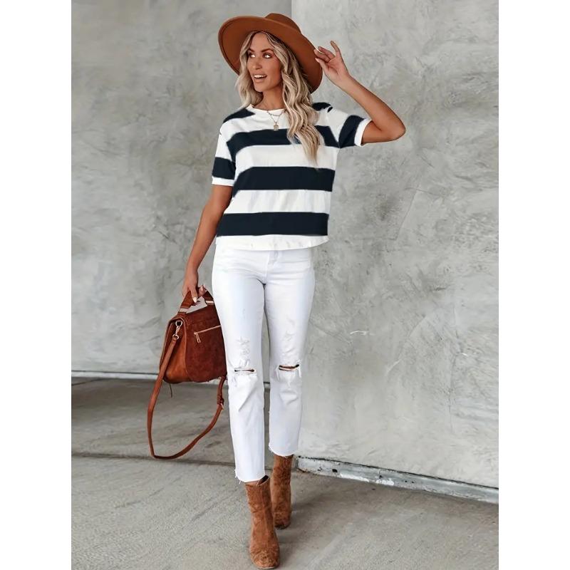 Short Sleeve Striped T-Shirt, Crew Neck Casual Top For Summer & Spring, Women's Clothing