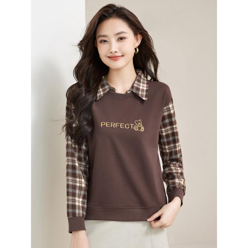 

Женская футболка с длинным рукавом, имитация двойки, с вышивкой, новый стиль, элегантная клетчатая рубашка с отложным воротником, повседневный женский топ S кофейный