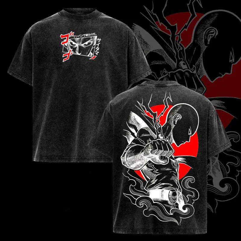 Saitama ONE PUNCH-MAN Anime Graphic T Shirt Men Short Sleeve Cotton Tshirts Vintage Washed Tee Harajuku Male Oversized T-shirt