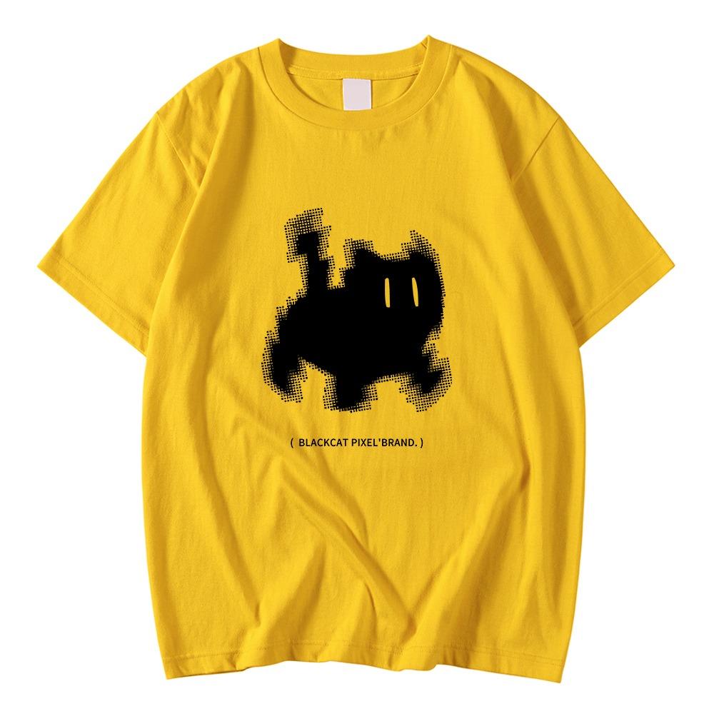 Koreanische Mode Damen T-Shirts Schwarze Katze Pixel Cartoons Druck Tops Bequem Weich O-Ausschnitt Locker Kurzarm Damenkleidung