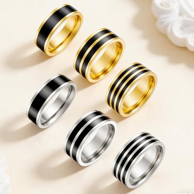 Japanisch Koreanisch INS Stil Schwarze Streifen Edelstahl Partnerring Set