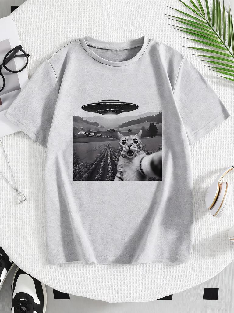 Funny Casual Ufo Cat Kawaii Design Print T Shirts Pure Cotton Unisex and Women Tshirt 2026 Summer Spring Casual Top Tee