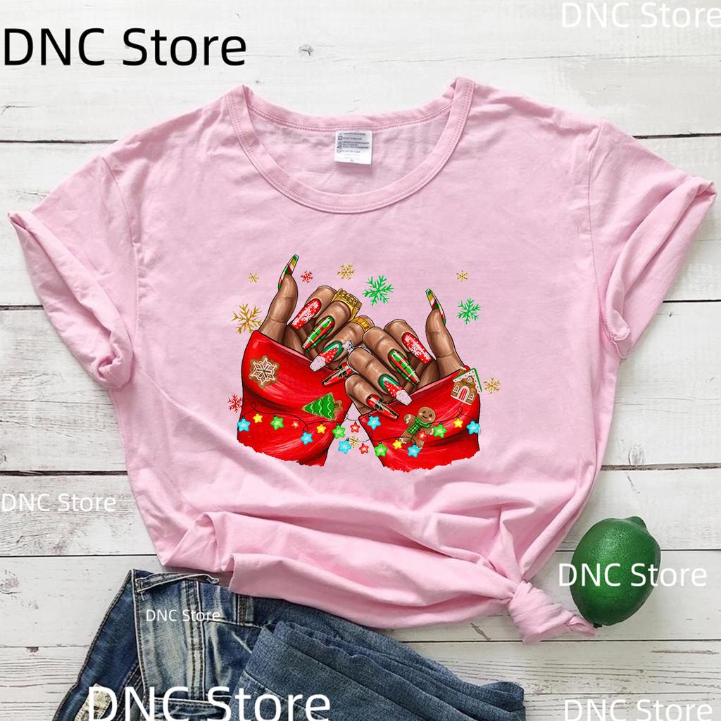 Black Girl Nail Art Pattern Printed T-Shirt Women Retro White Minimalist T-Shirt Summer Round Neck Casual Women'S Shirt Tops