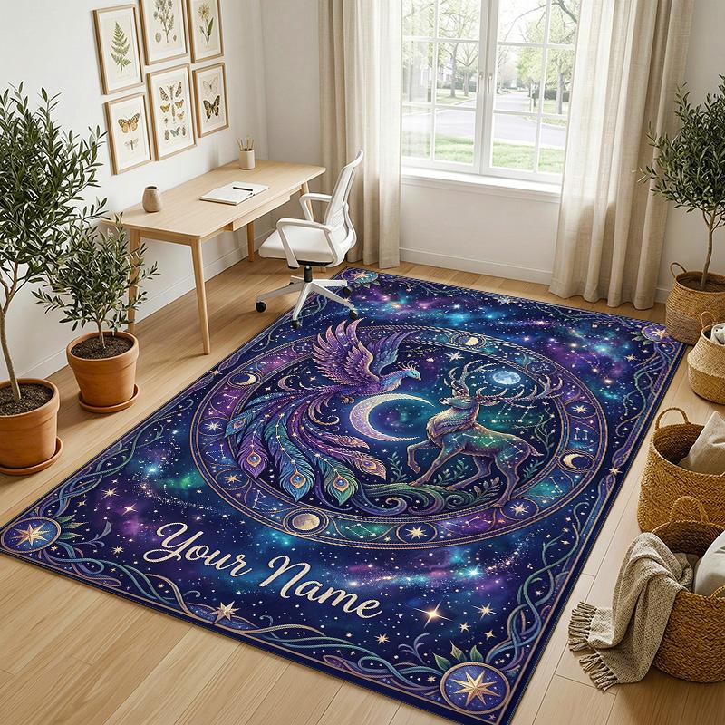 Dragon Phoenix Theme Crystal Velvet Rug Personalized Custom Name Text Soft Floor Mat Home Decor