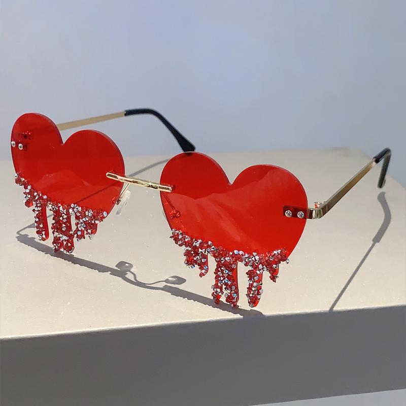 1/2 Pairs Heart Shaped Sunglasses with Rhinestones Women Fashion Rimless Rave Shades Trendy Original Design Sun Glasses