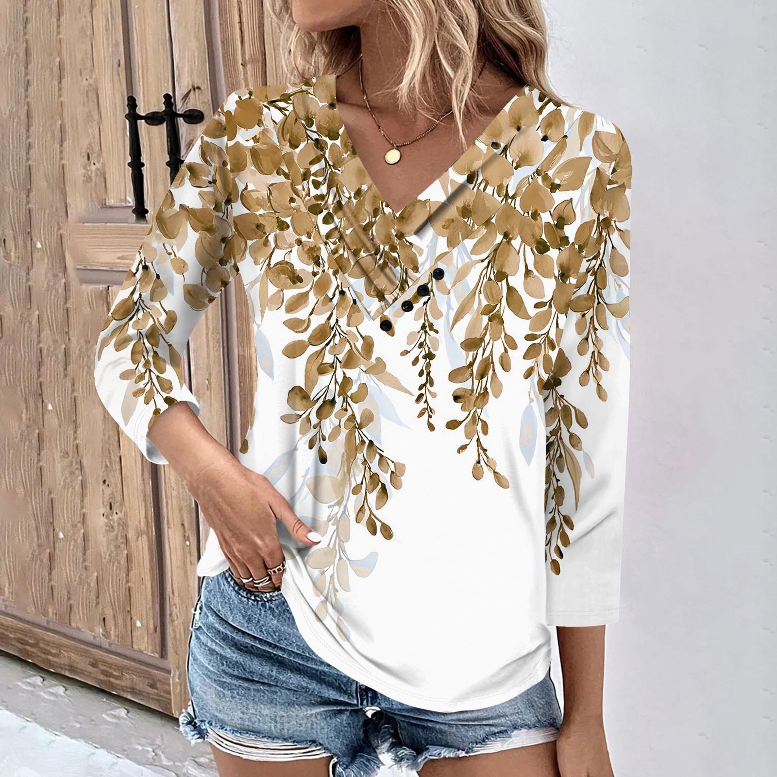 Женские повседневные футболки с рукавом 3/4 для выходных с V-образным вырезом и принтом — фото 7