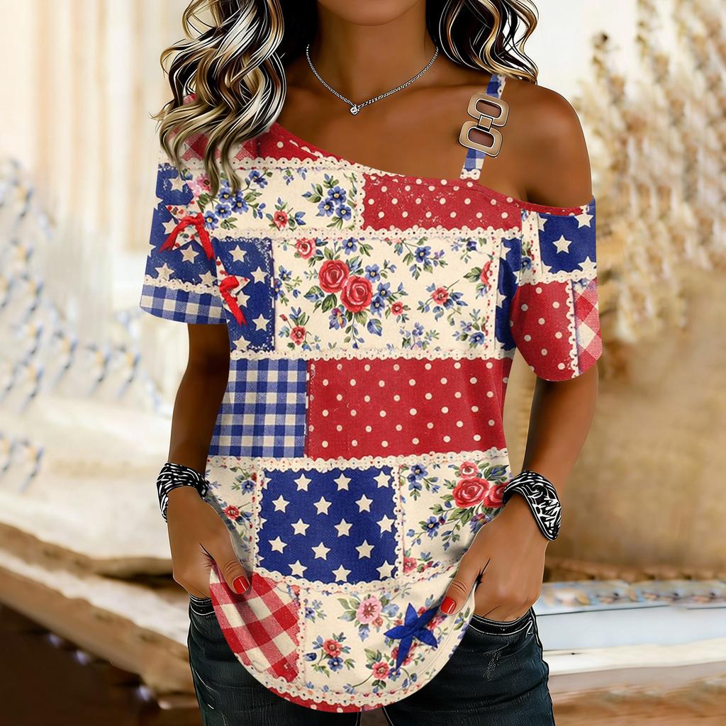 Damenmode Casual Print Sexy schulterfreies Kurzarm-T-Shirt-Oberteil