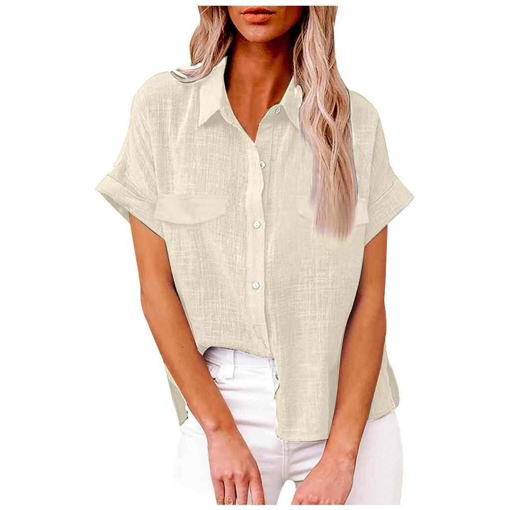Women's Fashionable Loose-Fit Casual Shirt Button-Up Short-Sleeve Cotton-Linen Blend Top