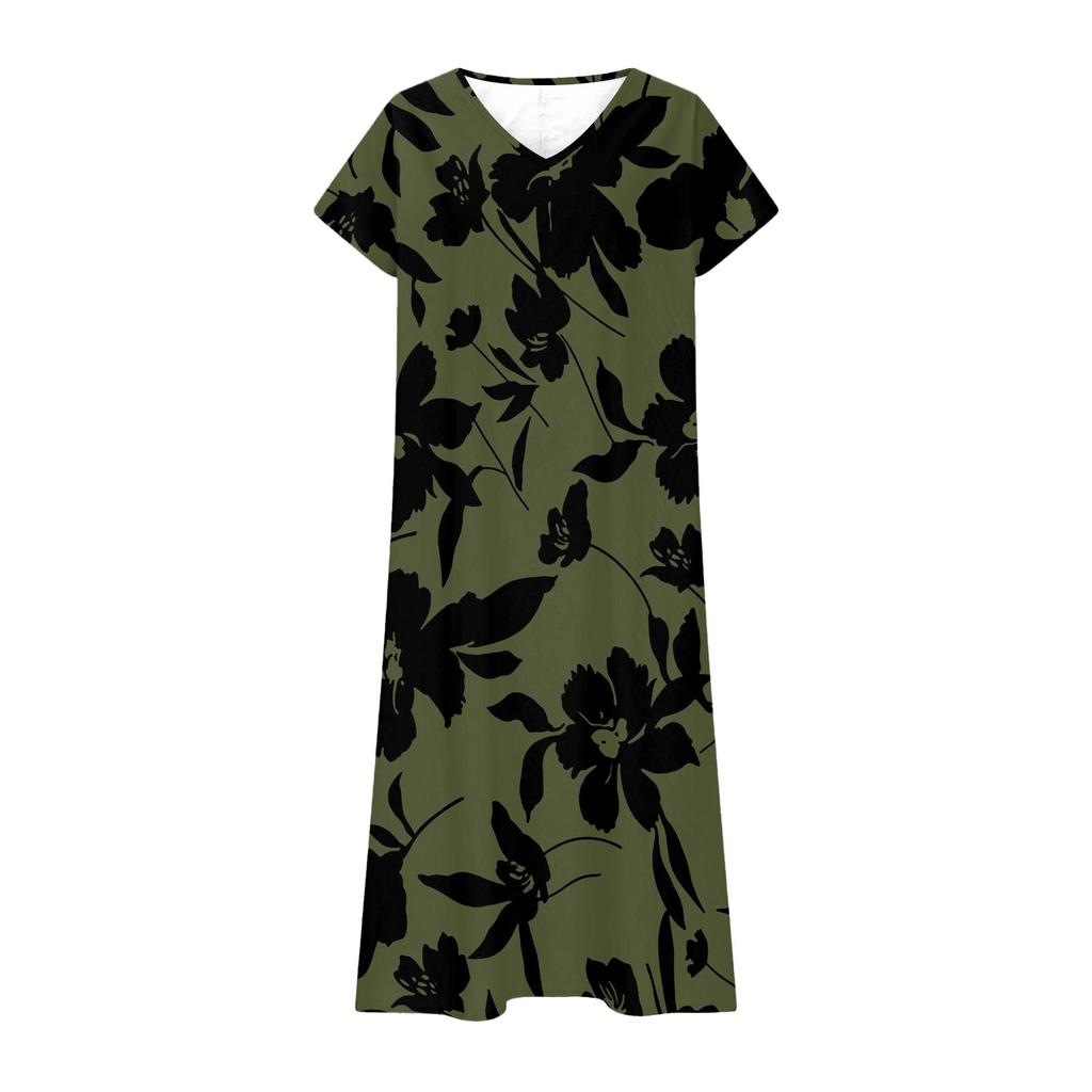 Summer Dress Women's Long Boho Beach Dress Elegant Maxi Dress V-Neck Short Sleeve Summer Tunic Dress Light Airy