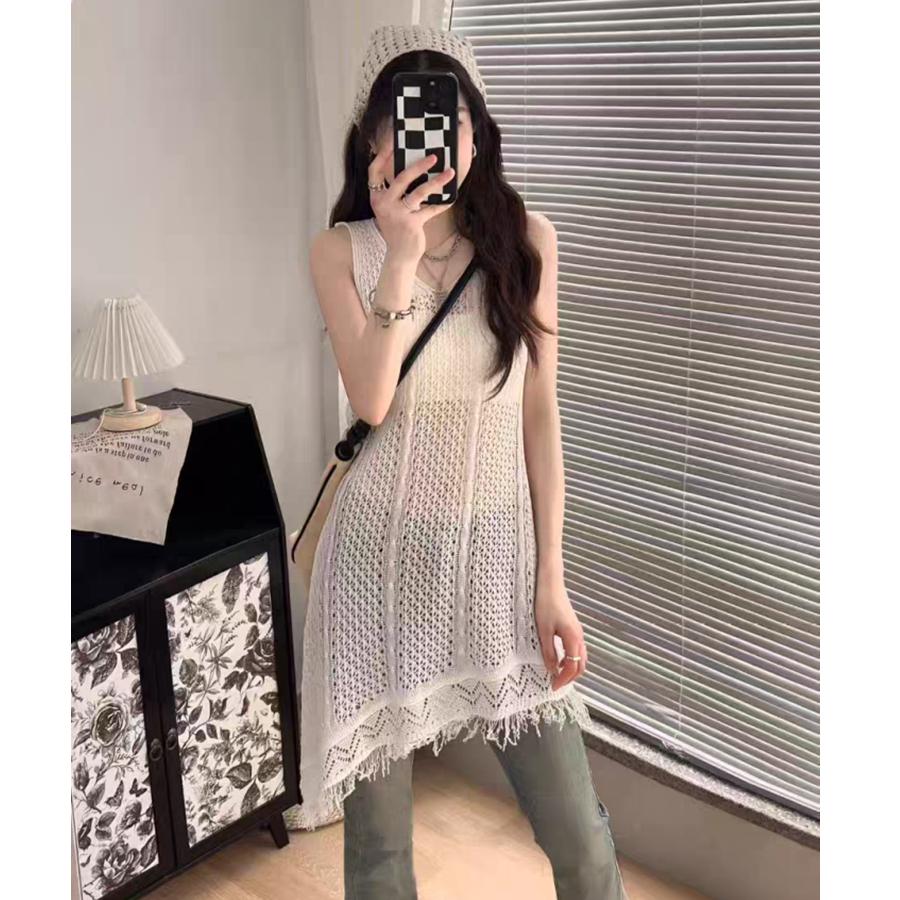Summer Women Sleeveless Solid Hollow Out Tassel Knitted Sweater Pullover Long Tops