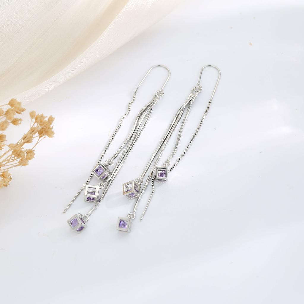 Long temperament square cube pendant earline fringed earrings women's simple earline fashion stud earrings