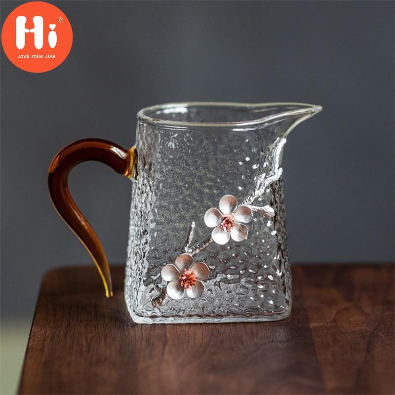 

Термостойкий стеклянный чайник с ручкой и 3D чашка с цветком сливы, прозрачная посуда для напитков с узором молотка