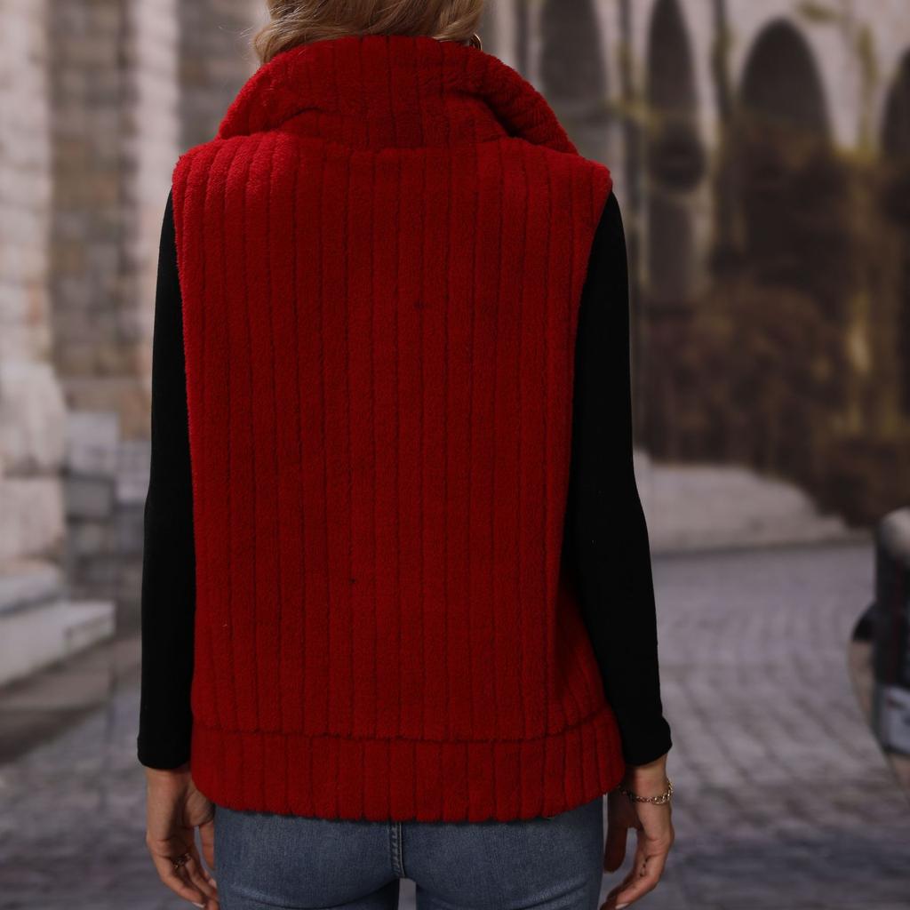GMXIA Shimmering Fashion Autumn Women's Lapel Sleeveless Loose Striped Zipper Plush Casual Vest Coat