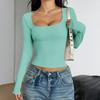 Spring Autumn Square Collar Solid Color Slim T-shirt Women Long Sleeve Y2K Elastic Bottomed Tee Pullover Top