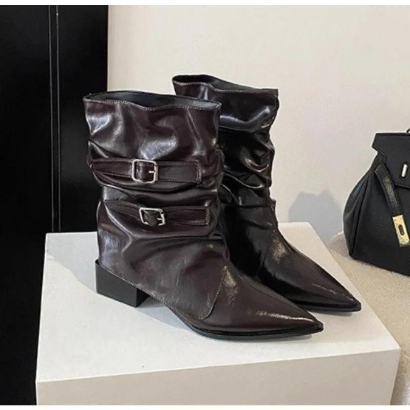 New Retro Style Women Knee High Boots Fashion Belt Buckle Shoes Autumn Winter Wedges Heel Women'S Knight Long Boot  Mujer